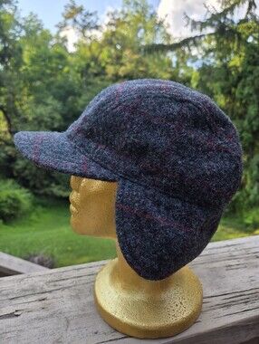 Wool Plaid Earflap Cap - Gray with Subtle Red Windowpane